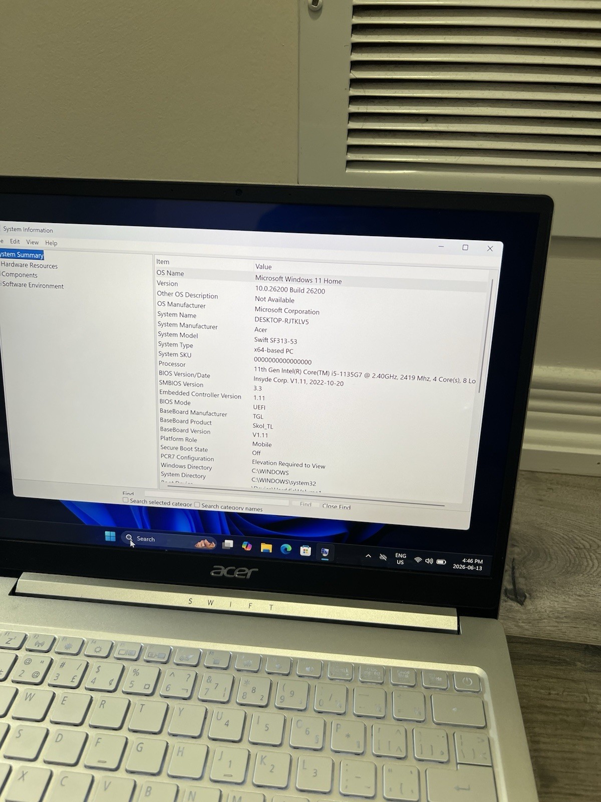 Acer Swift SF313-53 13″ 2k QHD Display i5 11th Gen CPU 8GB RAM 120GB SSD Win 11H