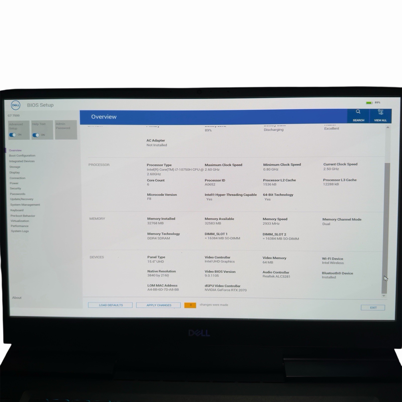 Dell G7 15 7500 15.6″ UHD i7-10750H 2.60GHz 32GB 1TB SSD NVIDIA RTX 2070 WiFi 7