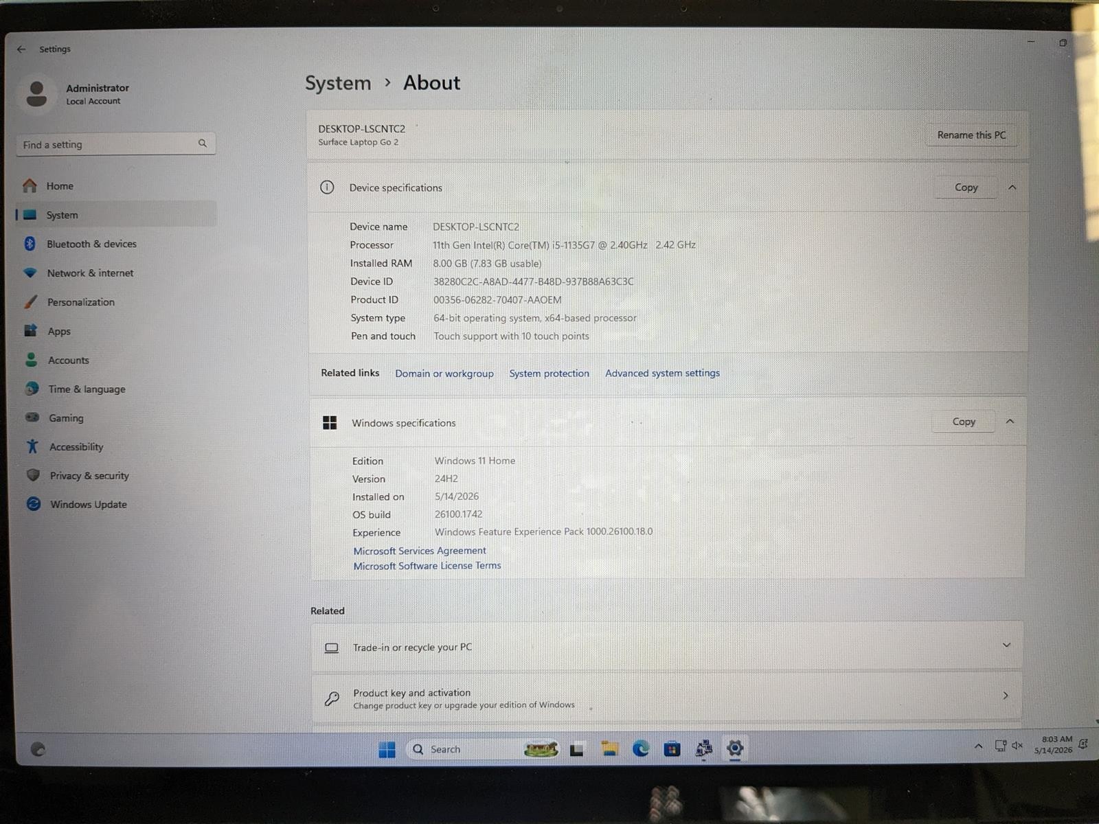 MICROSOFT SURFACE LAPTOP GO 2 (2013) i5-1135G7 @ 2.4GHz, 8GB RAM, 128GB SSD