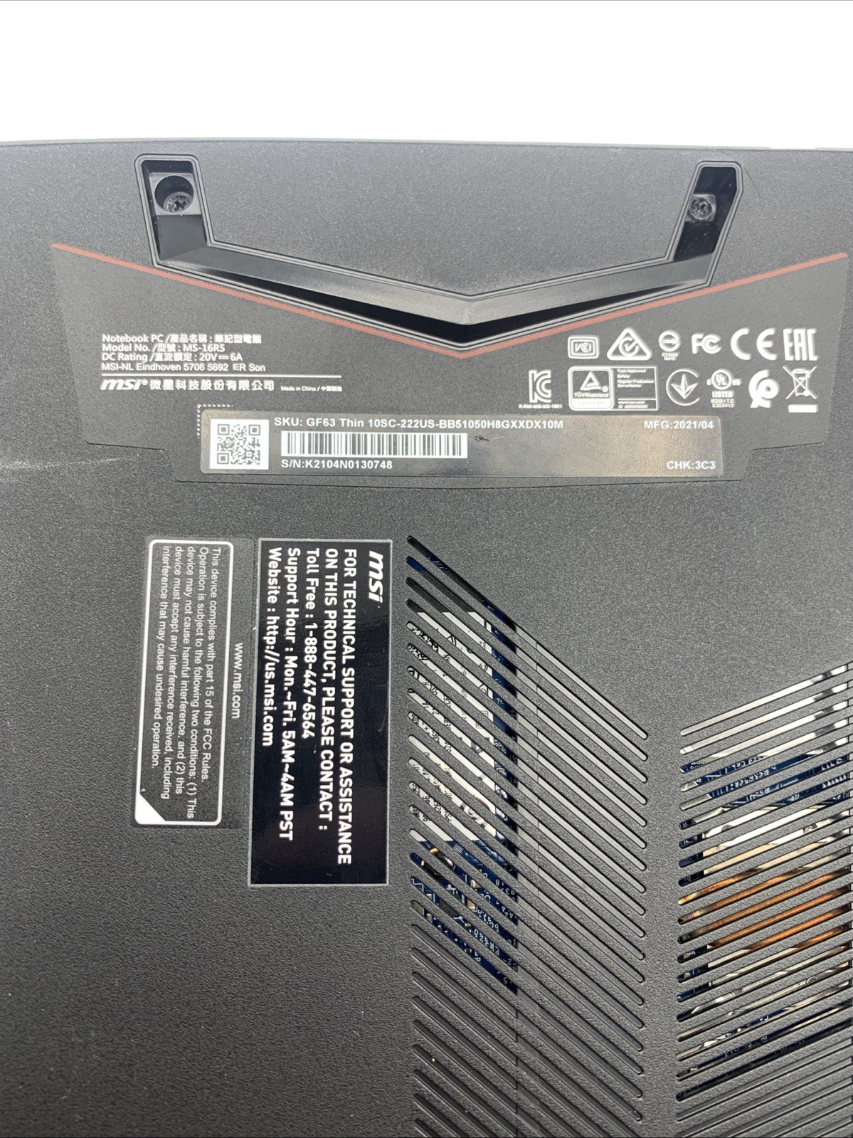 MSI Laptop GF63 Thin 10sc-222us-BB51050H8GXXDX10M