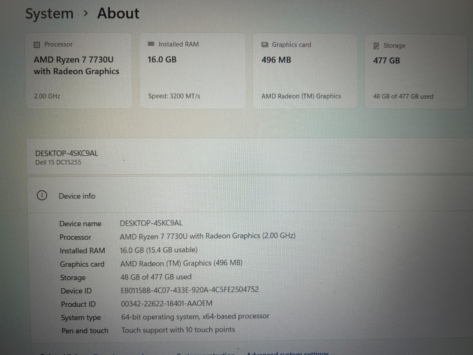 DELL 15 DC15255 G8MK9,, AMD Ryzen 7 7730U, 2.00 GHz, 16 GB RAM, 512 GB NVMe