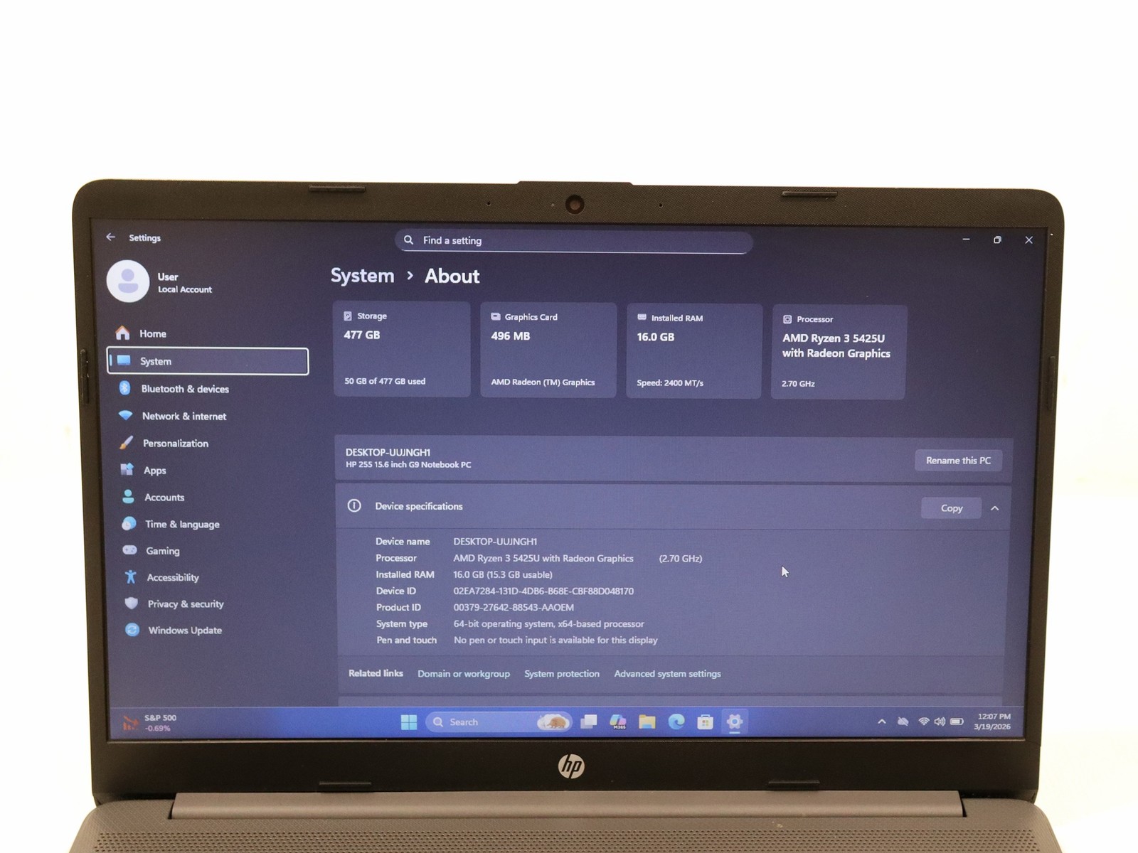 HP 255 G9 Notebook 15.6″ Ryzen 3 5425U 16GB 512GB NVMe Win 11 Pro – As Is Read