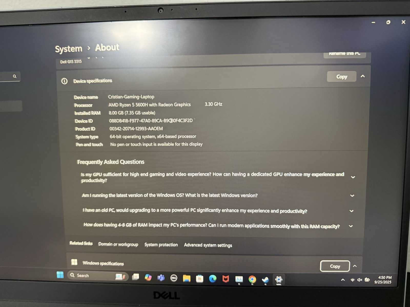 Dell G15 5515 Laptop AMD Ryzen 7, 5800H, 8GB RAM, 500GB HDD, Gaming Edition