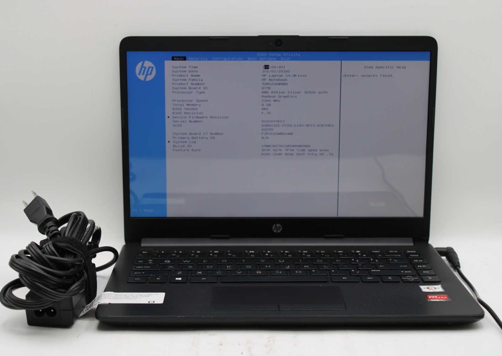 HP 14-dk1003dx Laptop AMD Athlon 3050U @ 2.3 GHz 8GB RAM 256GB SSD No OS No Batt
