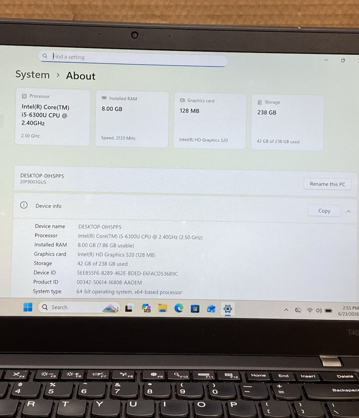 Lenovo ThinkPad T460S 14″ Core i5-6300U @ 2.40GHz 8GB RAM 256GB SSD Windows 11