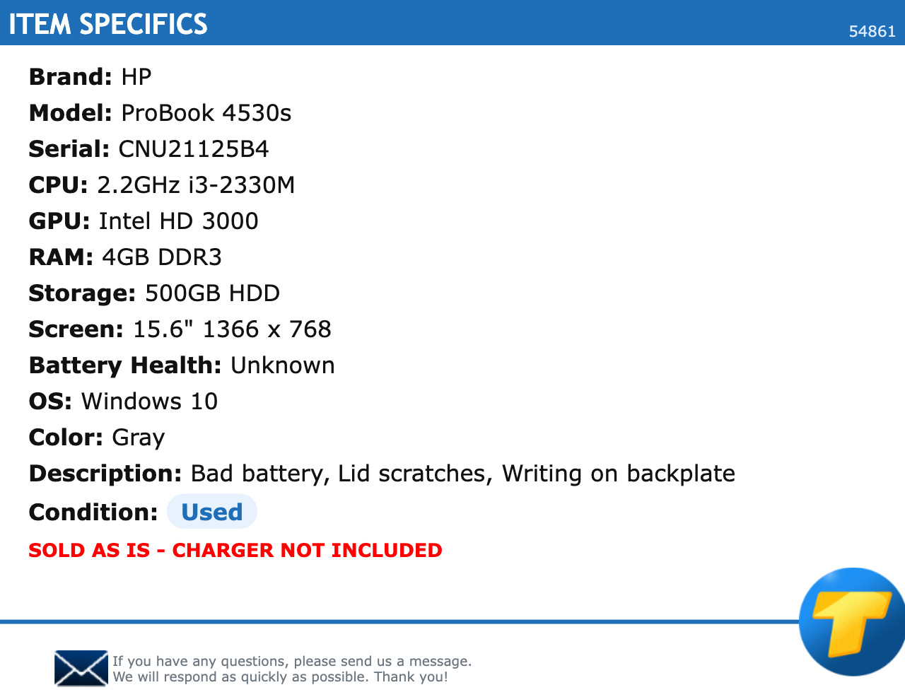 HP ProBook 4530s 15.6″ HD 2.2GHz i3 4GB RAM 500GB HDD Windows 10