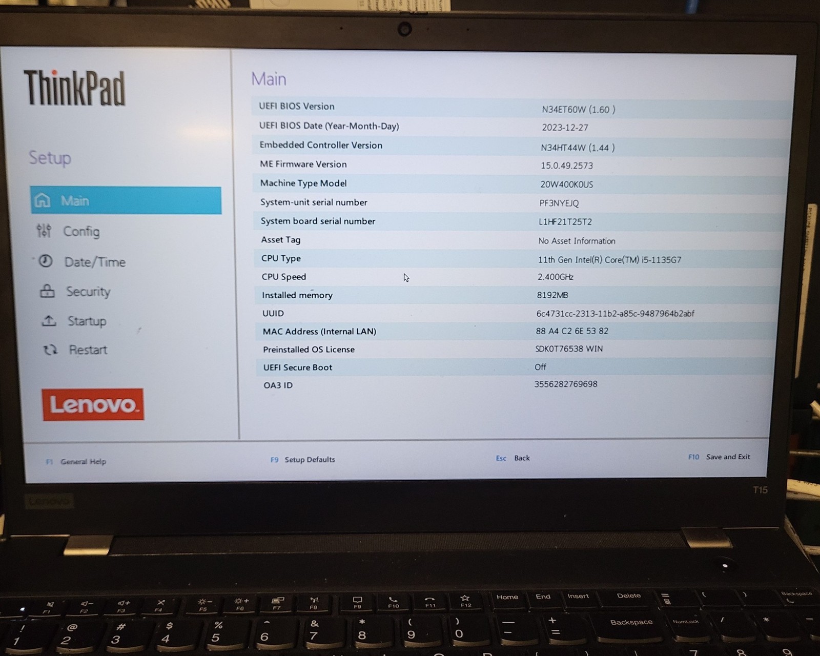 Lenovo ThinkPad T15 Gen 2 Laptop Intel i5-1135G7 2.4GHz 8GB 256GB SSD No PSU