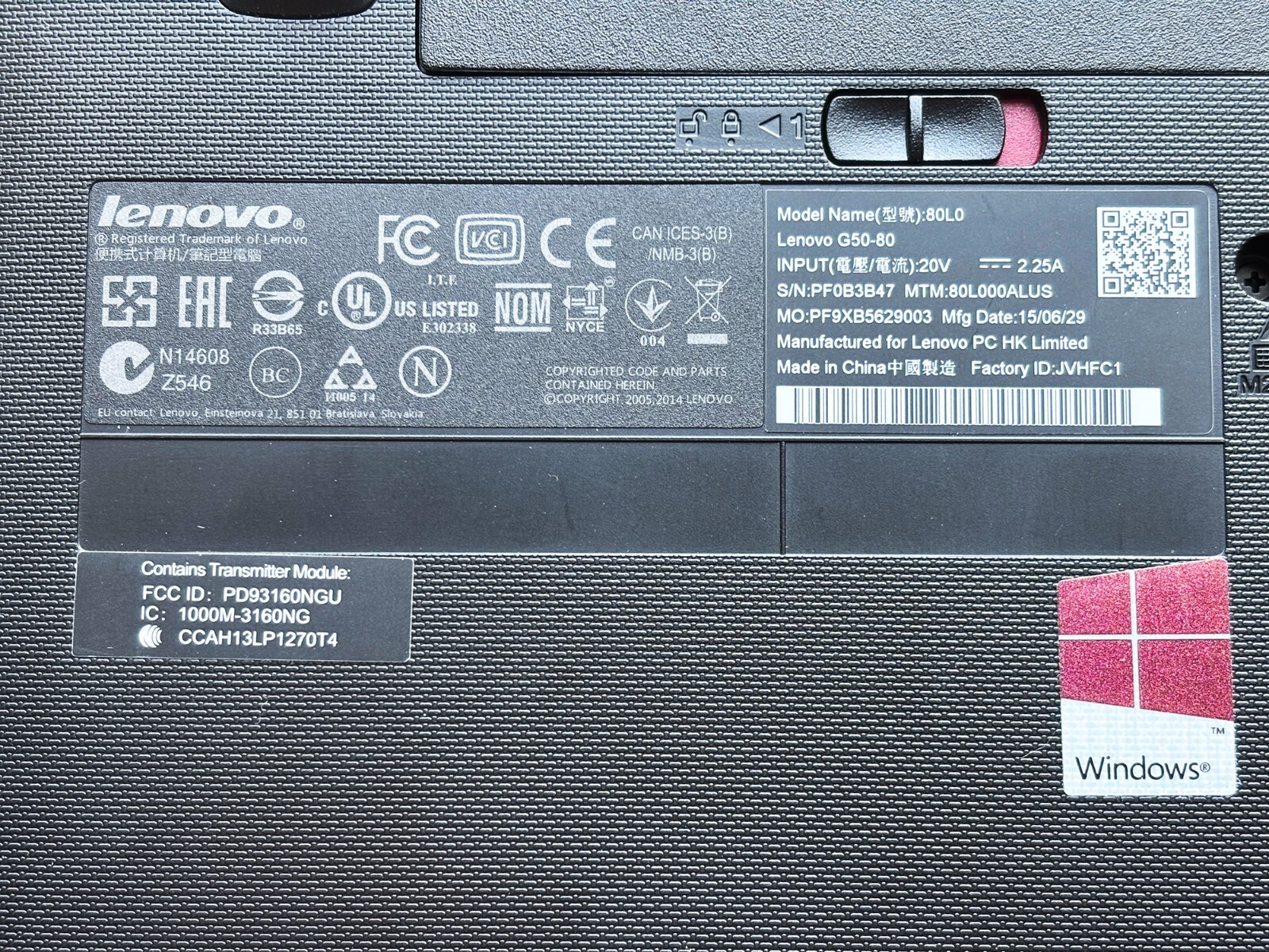 Lenovo G50-80 Laptop with Power Cord For Parts