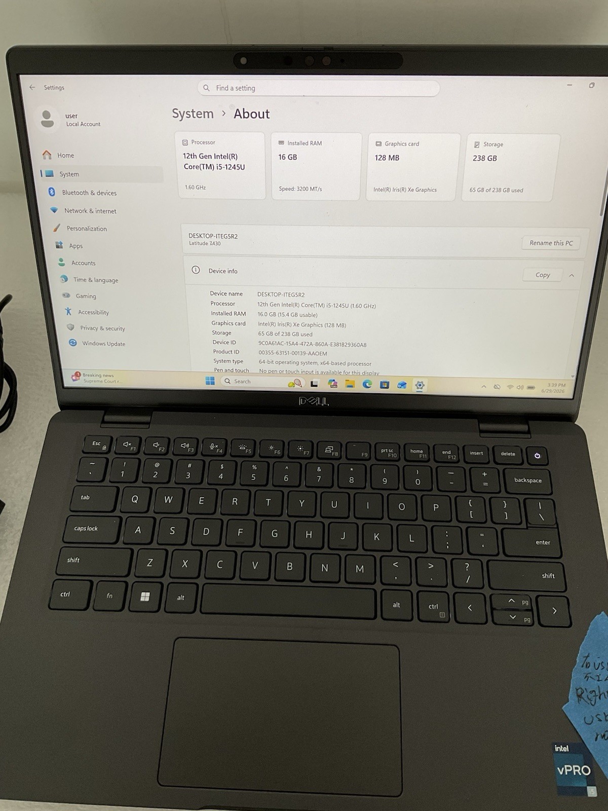 Dell Latitude 7430 14″ Laptop Intel i5-1245U 16GB RAM 256GB SSD W11 – NO USBc
