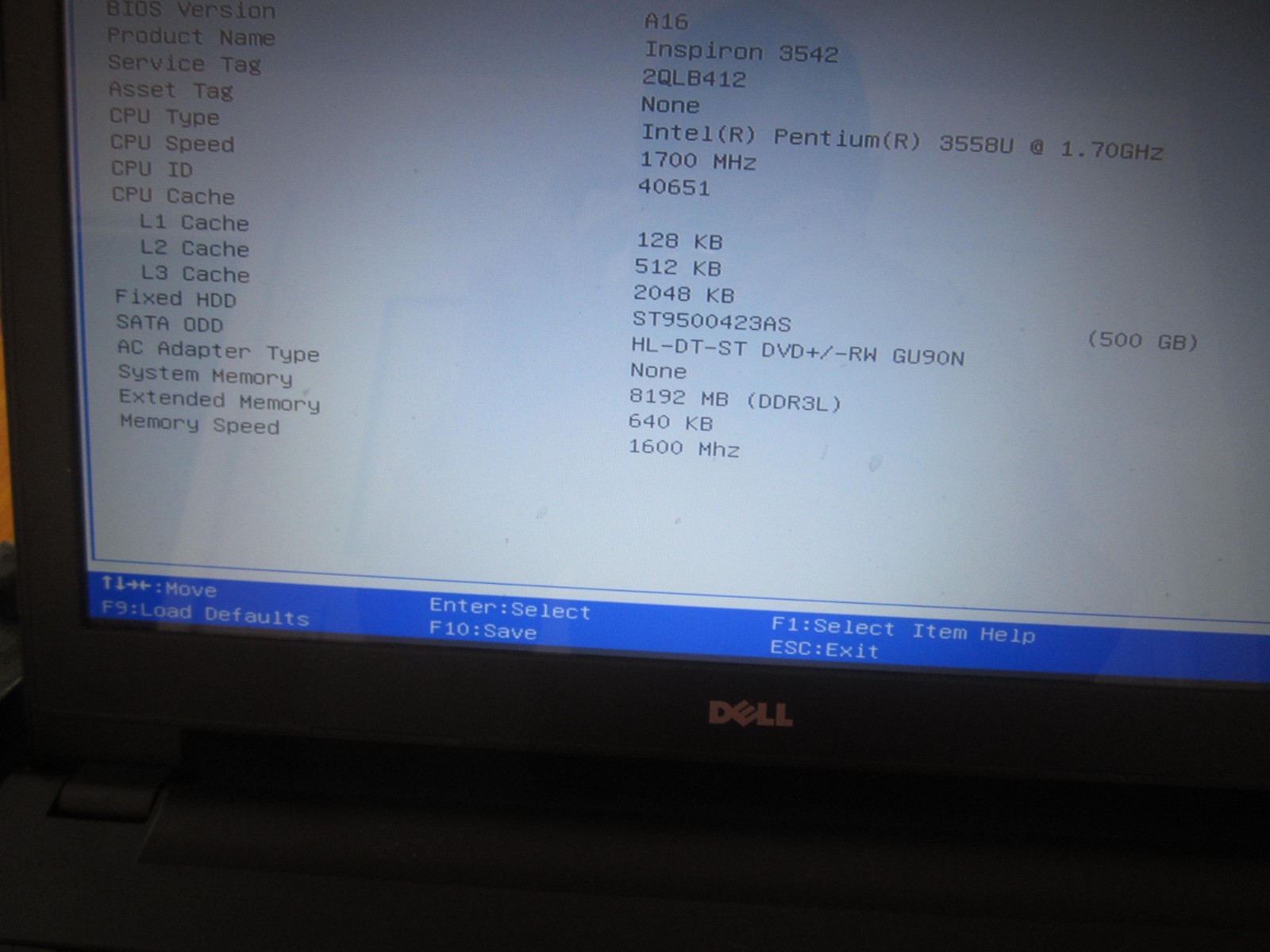 DELL INSPIRON 15 3542 LAPTOP 8GBRAM 500GBHD SCREEN INTACT W/PwrCord – WORKS