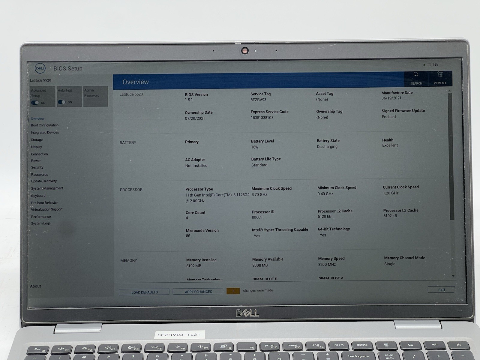 Dell Latitude 5520, i3-1125G4 @ 2.00GHz, 8GB RAM, 256GB NVMe-No OS/AC
