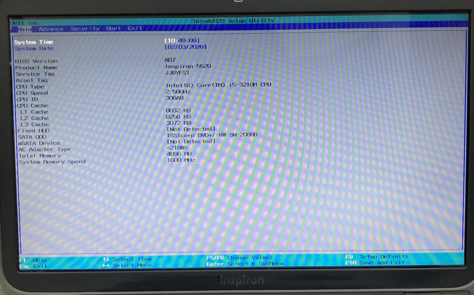 Dell Inspiron 5520 Intel Core i5- 3210M 2.50GHz 4GB RAM no HDD Boot to BIOS
