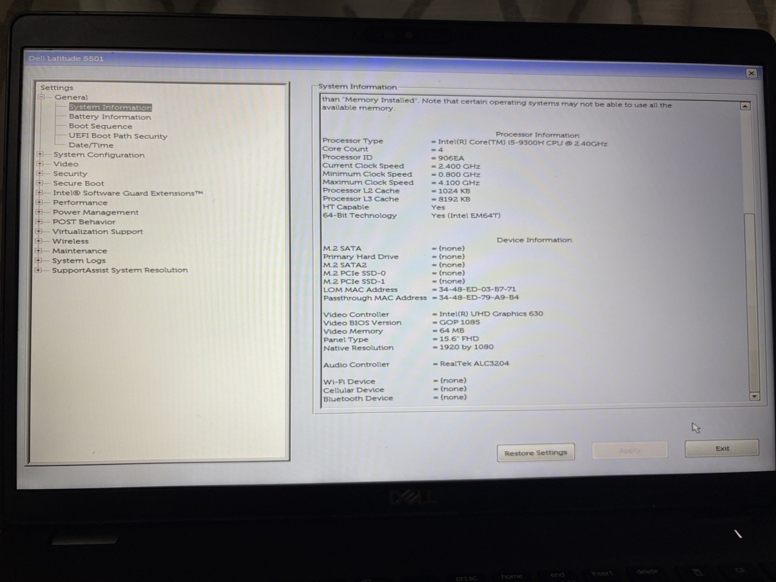 DELL LATITUDE 5501 15.6″ i5-9300H, **READ, NO RAM, NO SSD**