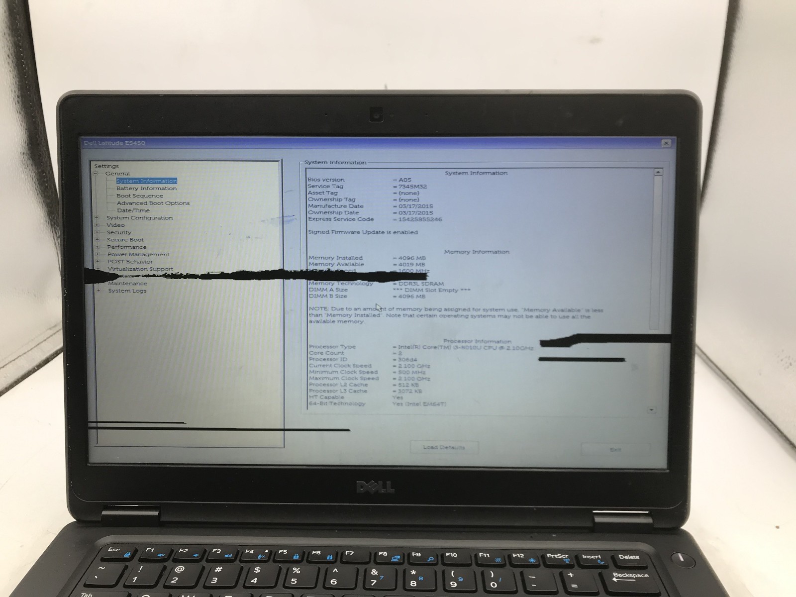 DELL LATITUDE E5450 – BOOTS TO BIOS – INTEL I3 5010U – NO RAM – BAD LCD -READ-BB