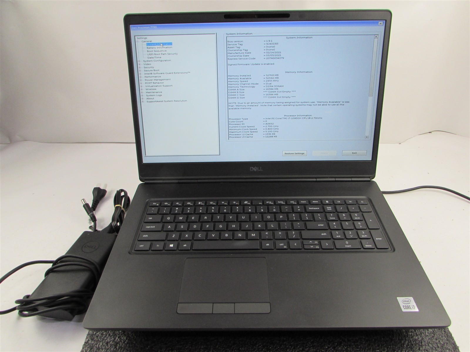 DELL PRECISION 7750 1920X1080 I7-10850H 1TB 32GB RAM RTX 3000 WIN 11 PRO NO BATT