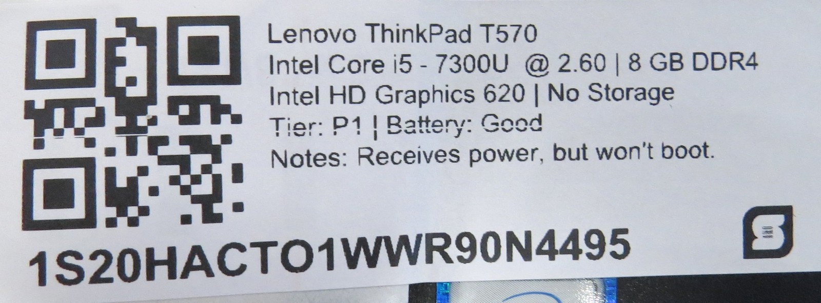 Lenovo ThinkPad T570 i5-7300U @ 2.6Ghz 8GB DDR4 HD 620 15.6″ No OS/AC *REPAIR*