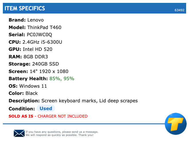 Lenovo ThinkPad T460 – 14″ FHD, 2.4GHz i5, 8GB RAM, 240GB SSD, Windows 11