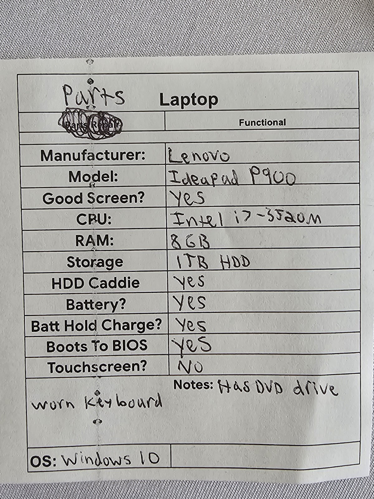 Lenovo IdeaPad P900 Laptop – i7-3520M – 8GB RAM – 1TB HDD – WORN KEYBOARD Win 10