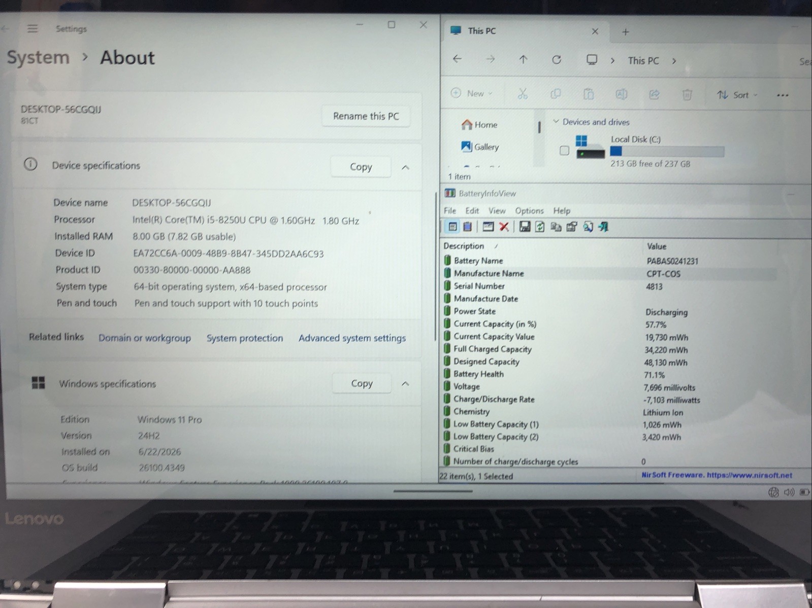 Lenovo Yoga 730, Intel Core i5-8250U @1.60Ghz, 8GB RAM, 256GB SSD, W11, Touch!
