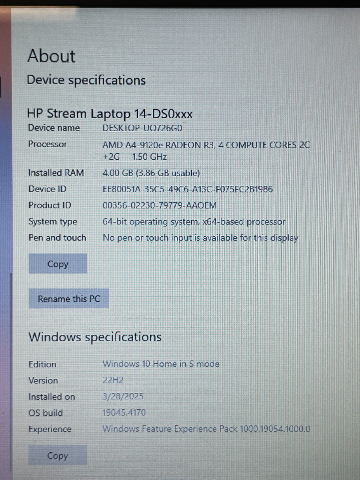 HP Stream 14-ds0xxx 14″ A4-9120e 4GB RAM 32GB SSD No Charger