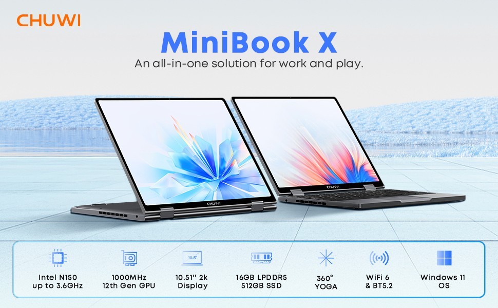 CHUWI 10.51” MiniBook X Windows 11 Laptop LPDDR5 16GB 512GB SSD Intel N150