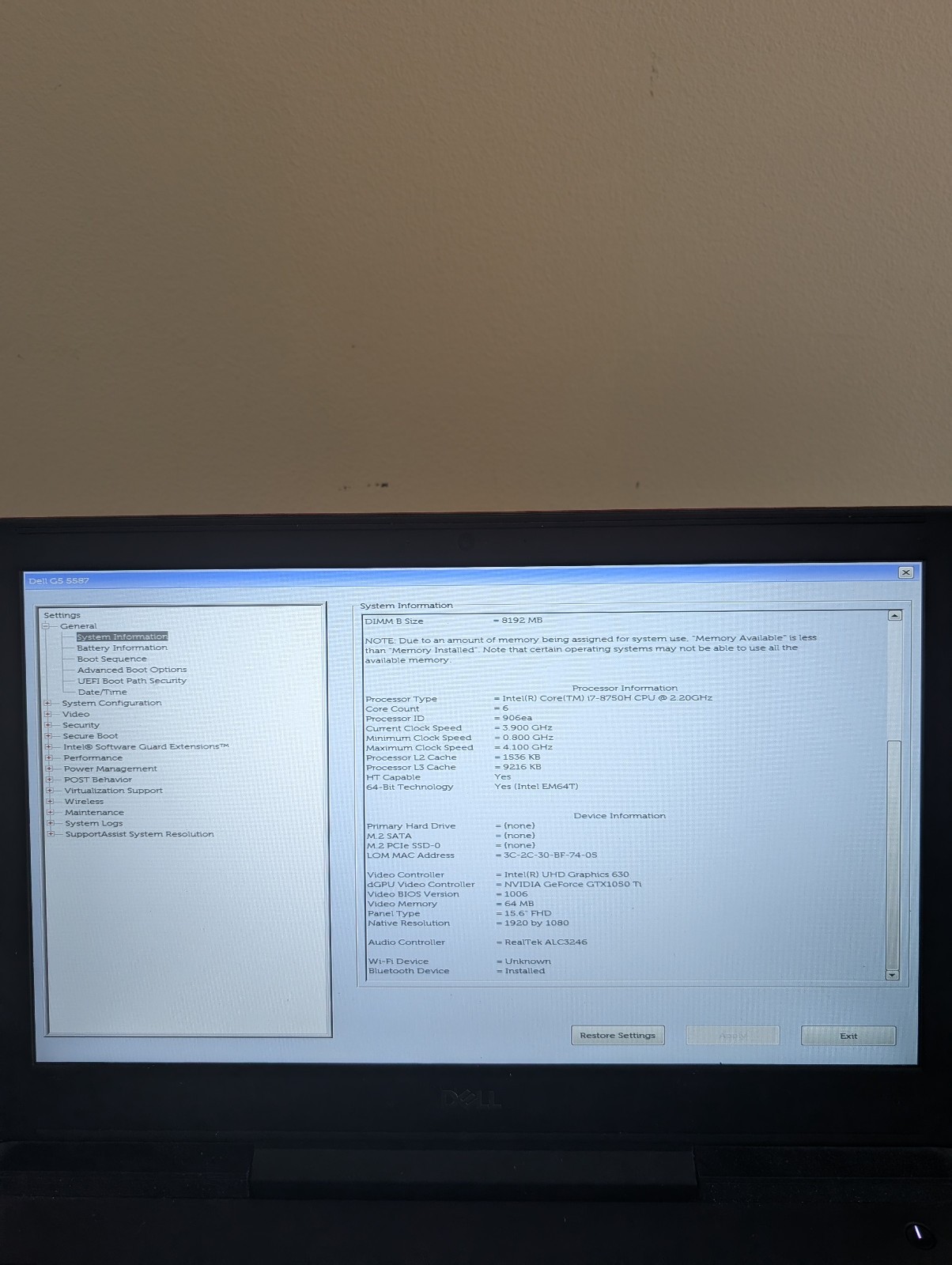 *PLEASE READ* Dell G5 5587 Gaming 15.6in i7-8750H 16GB GTX 1050 Ti NO SSD/NO OS