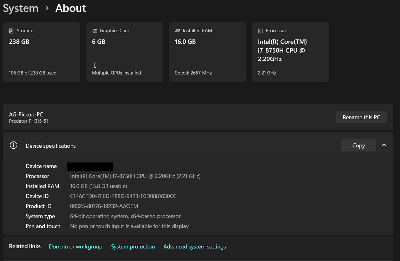 Acer Predator Helios 300 — i7-8750H, GTX1060 — PH315-51-78NP