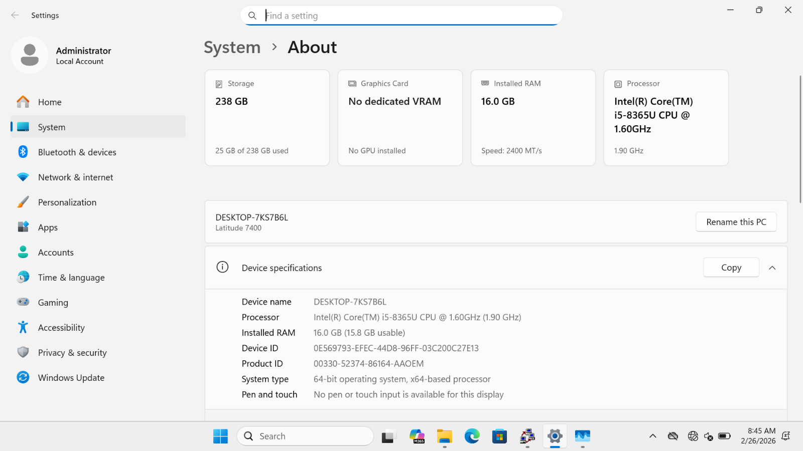 Dell Latitude 7400 | Intel Core i5-8365U | 16GB RAM | 256GB SSD | Win 11 Pro