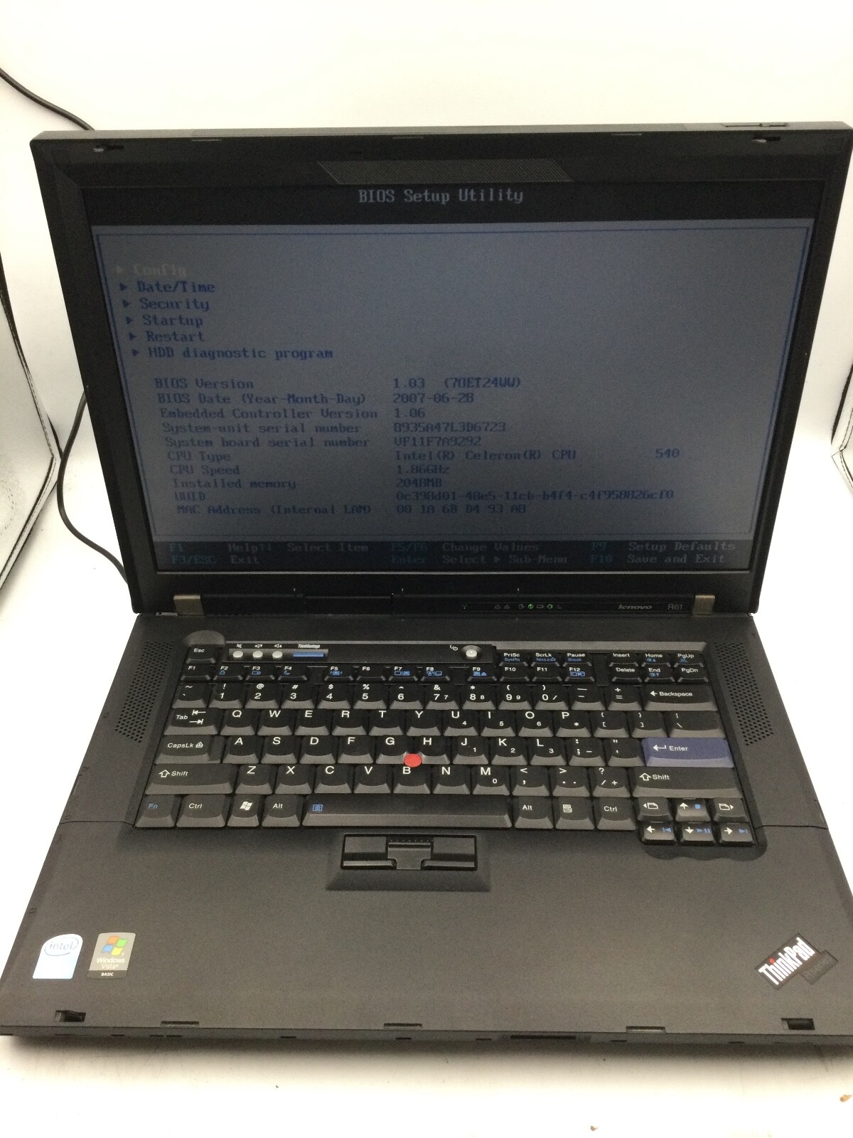 LENOVO THINKPAD R61 – BOOTS TO BIOS – INTEL CELERON – NO RAM – 16″ – READ – BB!