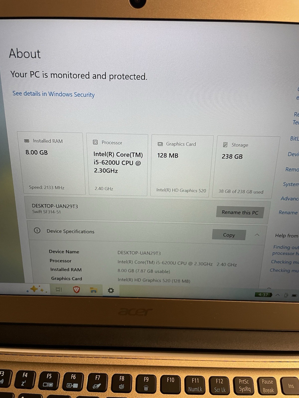 Acer Swift 14” Laptop Intel i5 8GB RAM 256GB SSD Windows 10 FHD