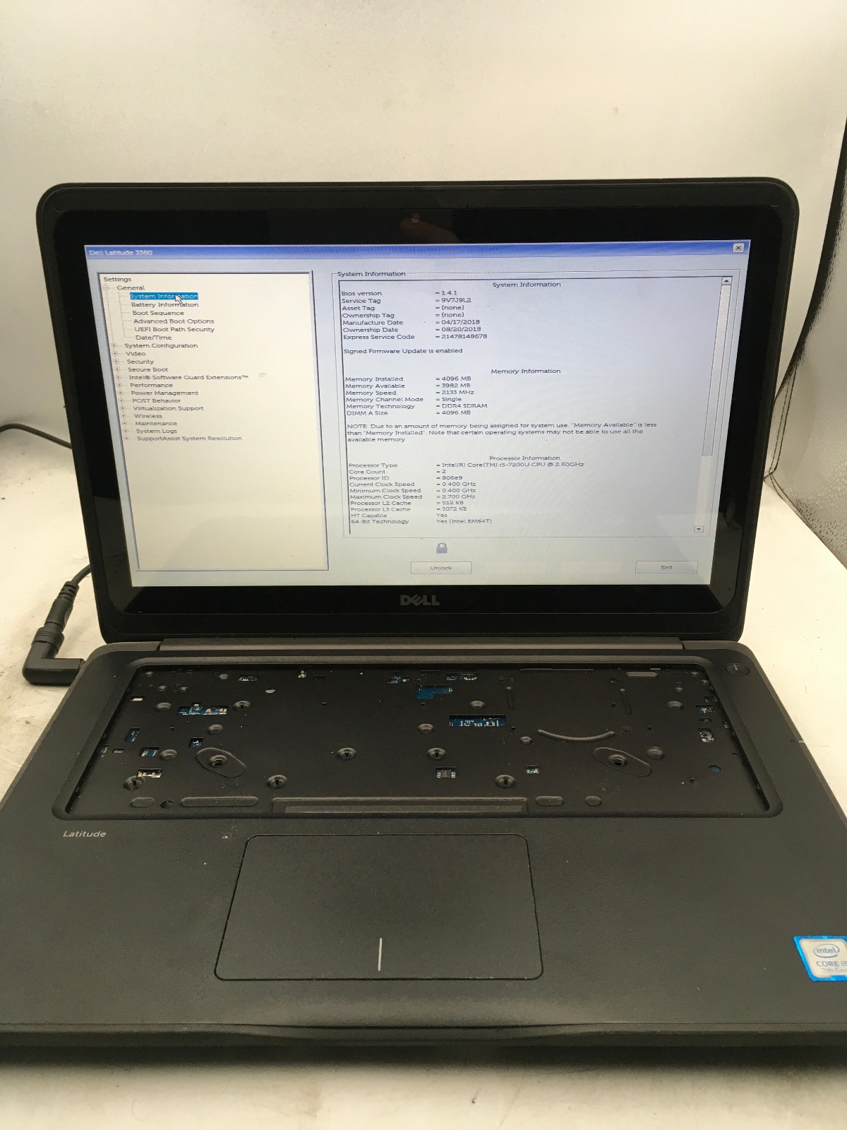 DELL LATITUDE 3380 – BOOTS TO BIOS/BIOS LOCK – NO RAM – INTEL I5 – READ – BB