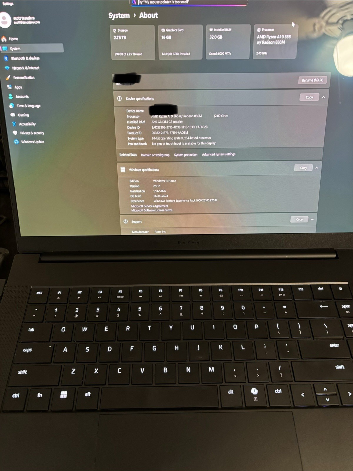 Razer Blade 16 QHD+ OLED Laptop Ryzen AI 9 365, 32GB RAM, 1TB+2TB SSD, RTX 5080