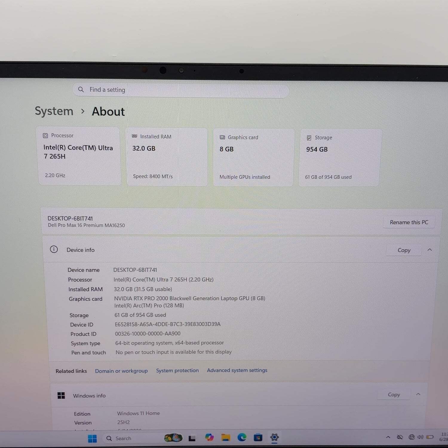 Dell Pro Max 16 Plus MA16250 16″ Core Ultra 7 265H 2.2GHz 32GB RAM 1TB SSD