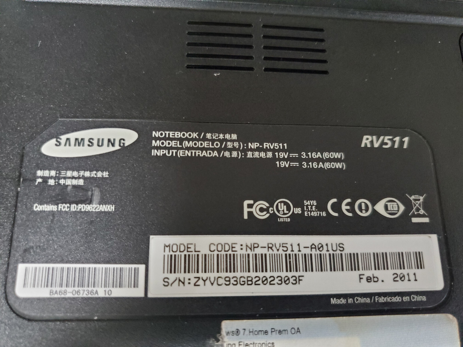 Samsung NP-RV511-A01US Laptop 15″ Intel Core i3 1st Gen READ for parts