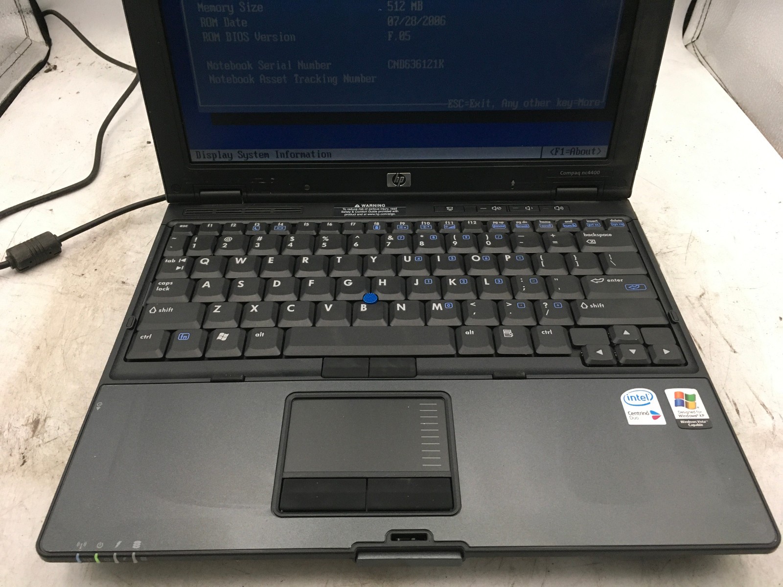 HP COMPAQ NC4400 – BOOTS TO BIOS – INTEL CENTRINO – 512MB RAM – READ DESCRIP -BB
