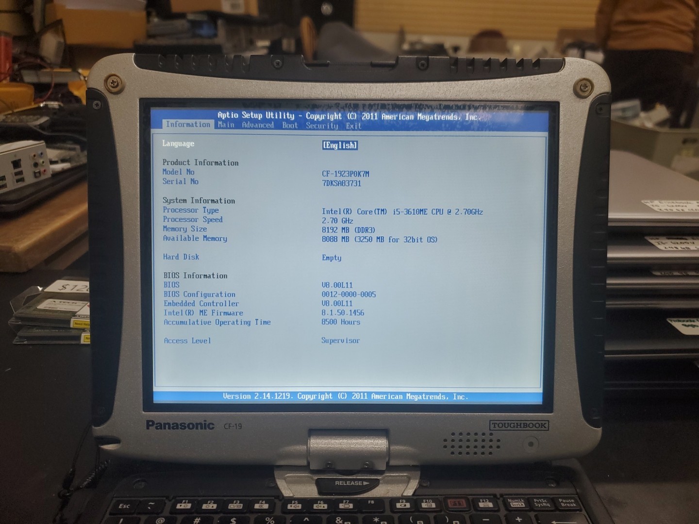Panasonic Toughbook CF-19, i5-3610ME @ 2.7GHz, 8GB RAM, NO HD/caddy 8500 Hours