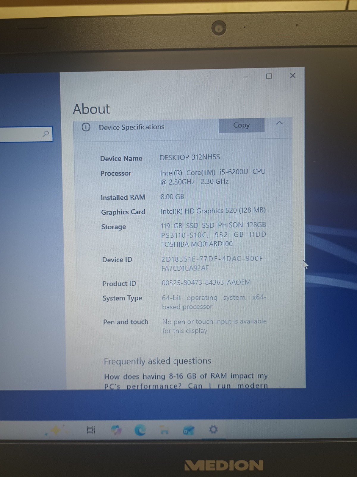 Medion Akoya E6422 i5-6200 CPU 2,30GHz 8GB 128GB HDD 1TB Windows 10 15.6″ Laptop