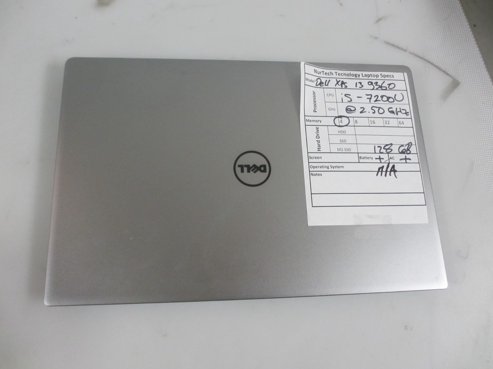 Dell XPS 13 9360 I5-7200U 2.50GHZ 4GB 128GB m2SSD LAPTOP NOOS + AC