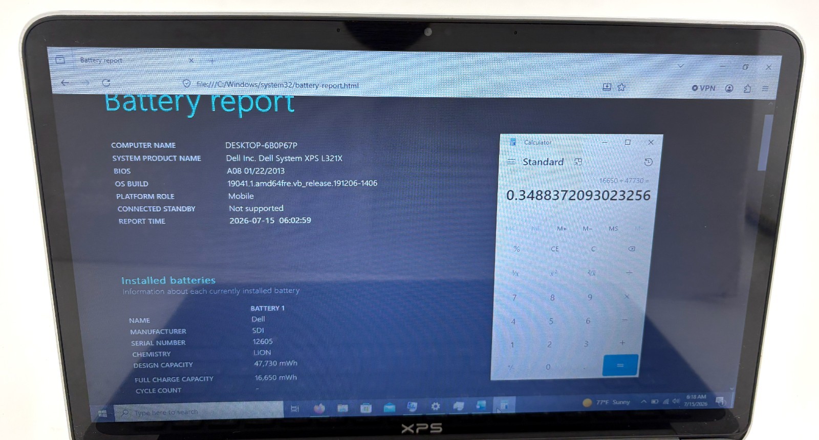 Dell System XPS L321X 13.3″ 256GB SSD 4GB RAM win 10 1.7GHz i7-2637M; 566104