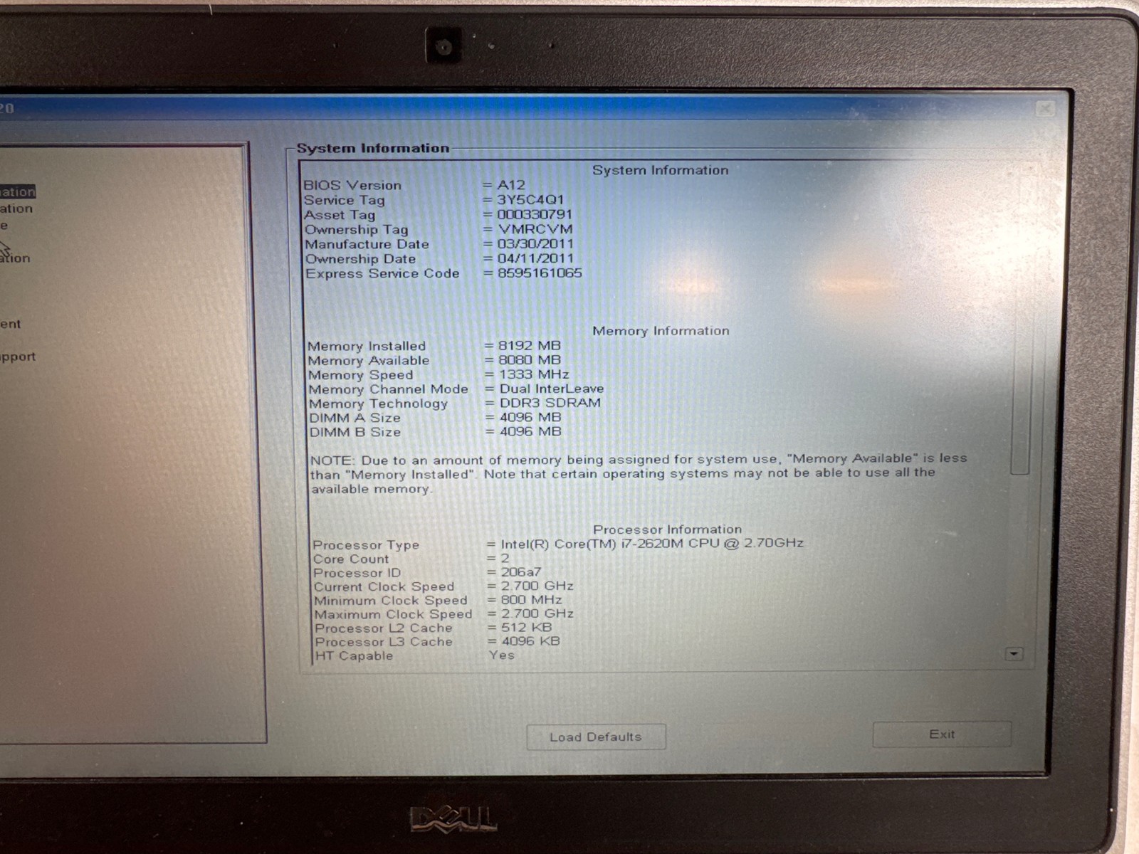 Dell Latitude e6320 Intel Core i7-2620M 8 GB No Drive 13.3″