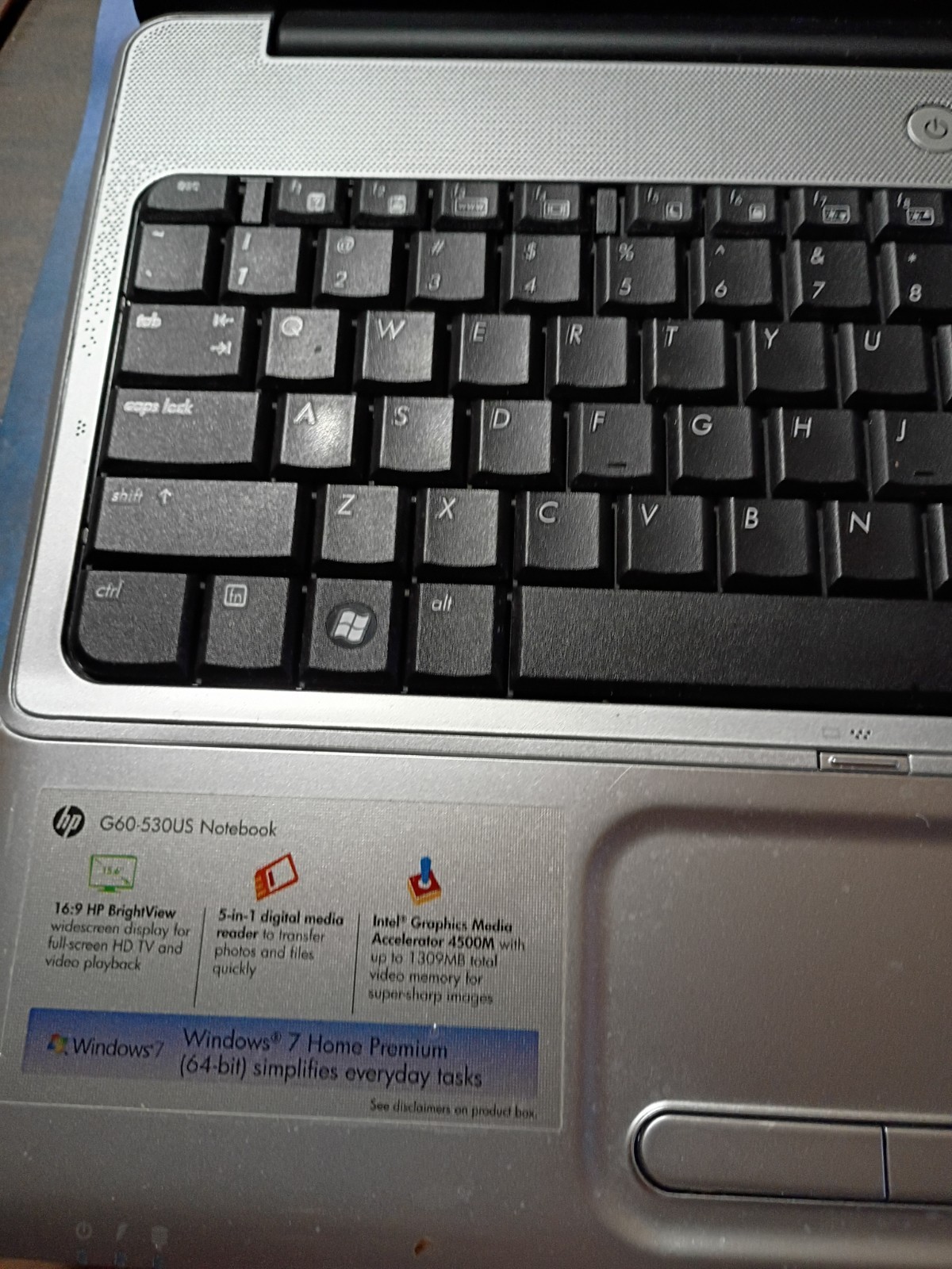 HP G60 530US laptop for Parts No HD turns on and posts Battery and Power adapter