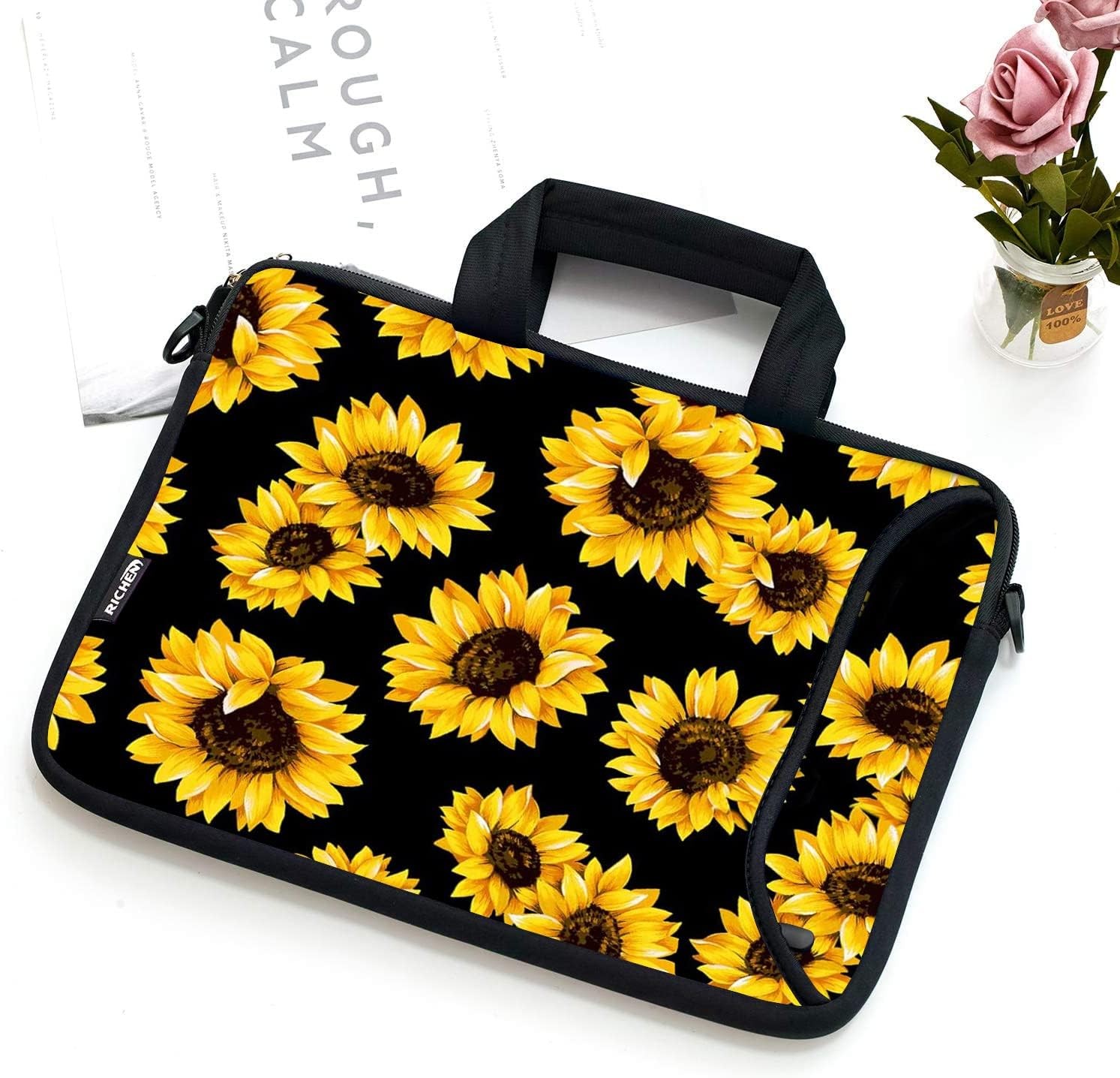 Neoprene Shoulder Bag for 14-15.6 Inch Laptops with Accessories Pocket, Sunflowe