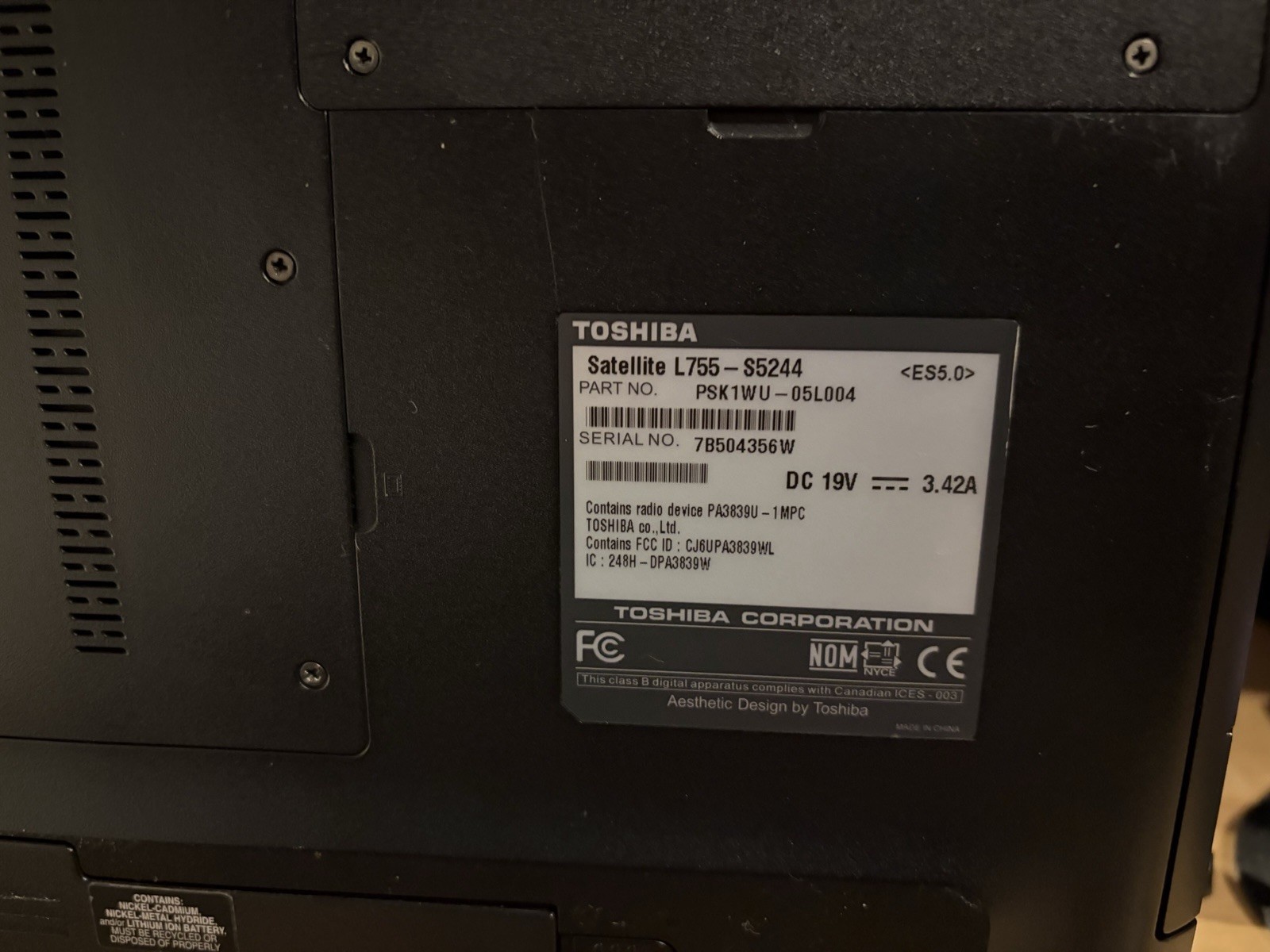 Laptop- Toshiba Satellite L755-s5244, 2.00GHz, With Battery, NO CHARGER INCLUDED