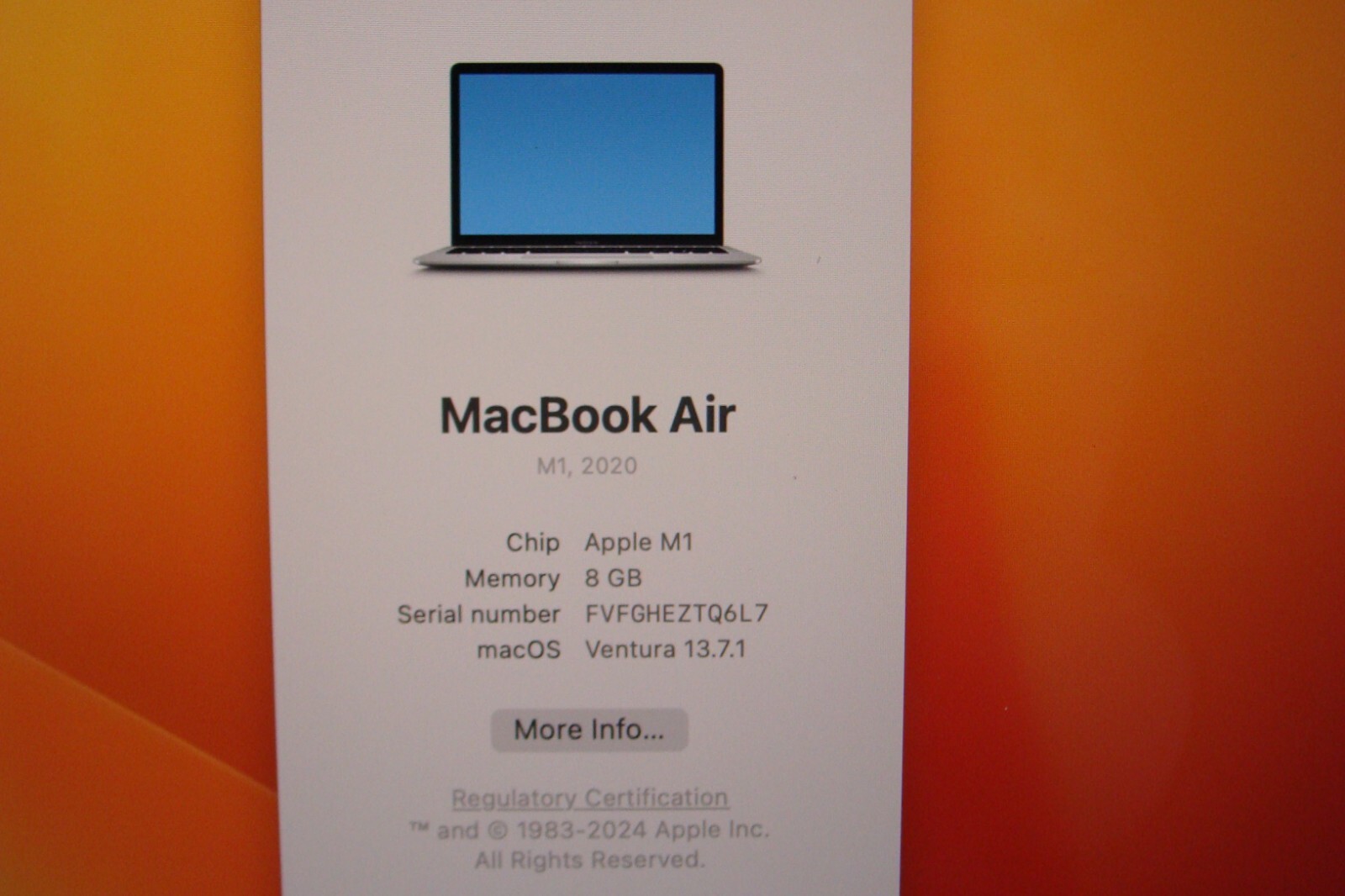 Apple MacBook Air A2337 13.3″ M1 (2020) 8CPU/7GPU 8GB 256GB MGN63LL/A OS Ventura