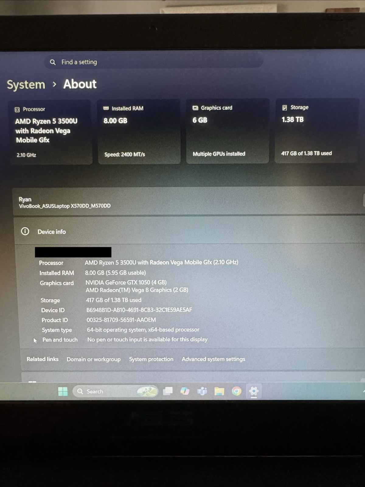 ASUS VivoBook X570DD Gaming Laptop Ryzen 5 GTX 1050 8GB RAM 1.3TB Windows 11