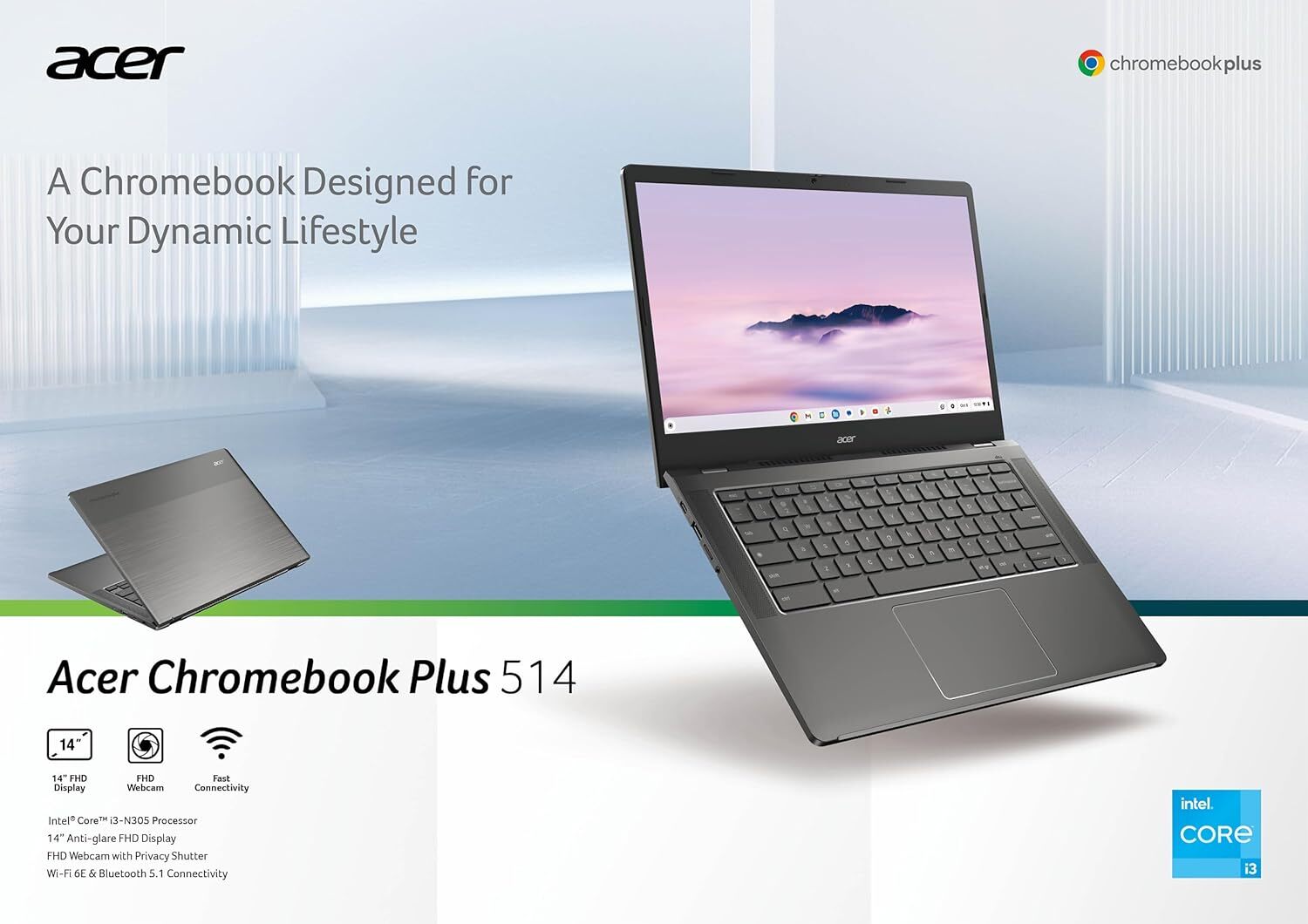 Acer Chromebook Plus514 14″ 8GB256GB AMDRyzen5 2.8GHz – Certified Refurbished