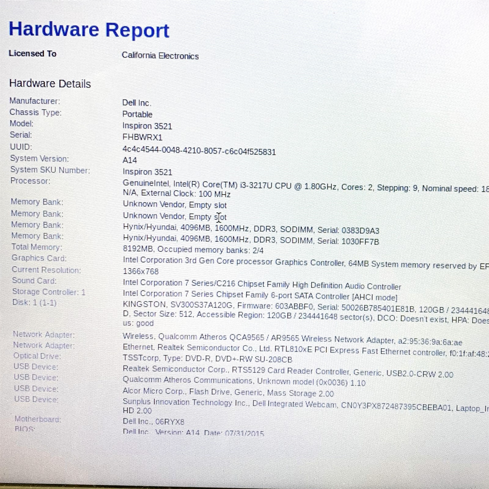 Dell Inspiron 3521 Laptop 15.5″ Intel Core i3-3217U 1.80 GHz 8GB 120GB SSD Win10