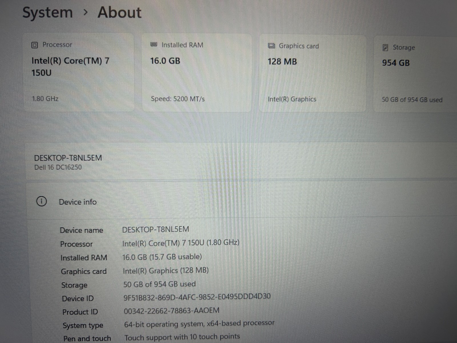 DELL 16 DC16250 MRYT3, Intel Core 7 150U, 1.80 GHz, 16 GB RAM, 1 TB NVMe SSD