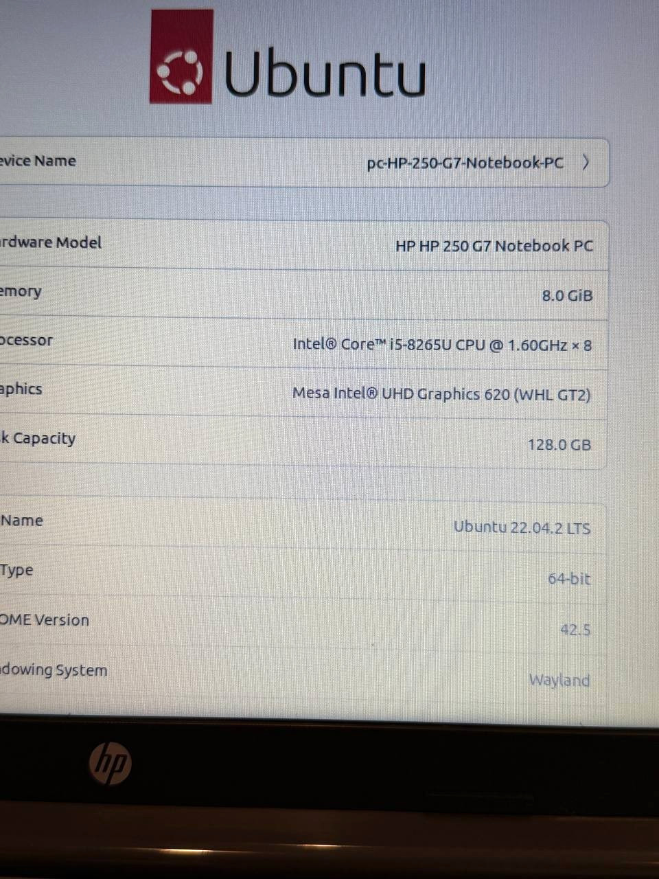 HP 250 G7 i5-8265U 8GB RAM 128Gb SSD Ubuntu NO Charger