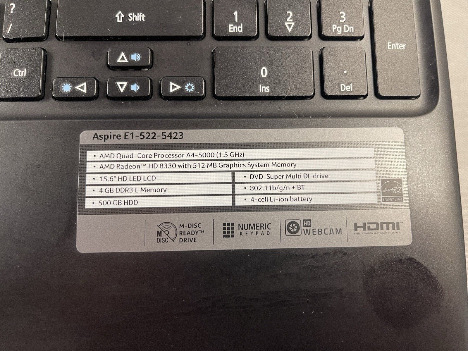 Acer Aspire E1-522 5423 Laptop – AMD A4-5000 1.5GHz, 4GB RAM, 500GB HDD, Win10
